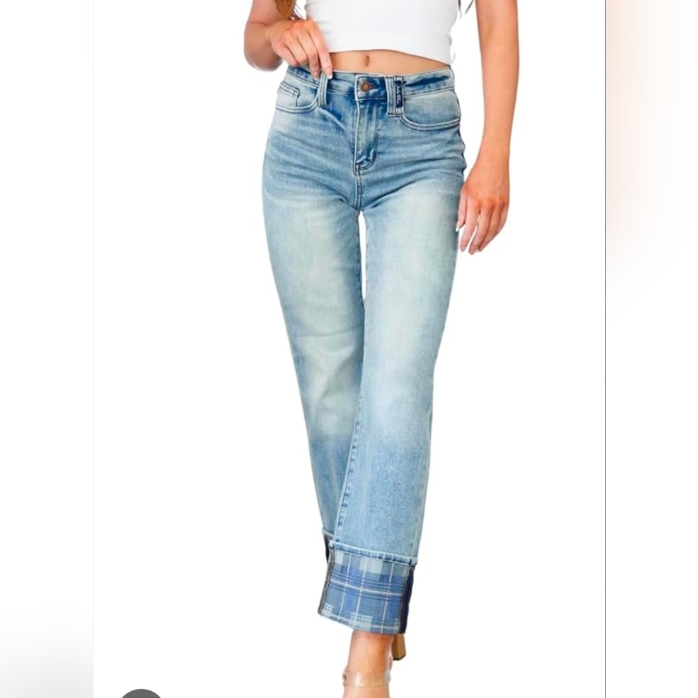 Judy Blue High Rise Plaid Cuff Vintage Straight Jeans, Lightwash Stretch Sz 7/28